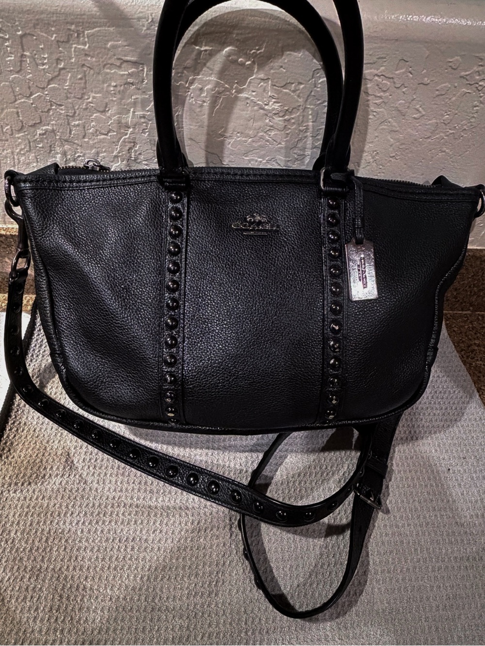 RARE Coach Black Pebbled Leather Central Satchel with Rivets